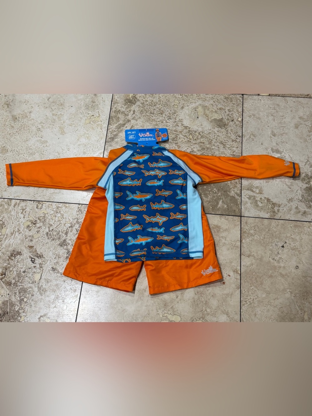 Shark Print Kids Rashguard Set - Orange & Blue